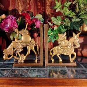 Vintage Solid Brass Don Quixote & Sancho Panza Figural Bookends Wood Base, Gift